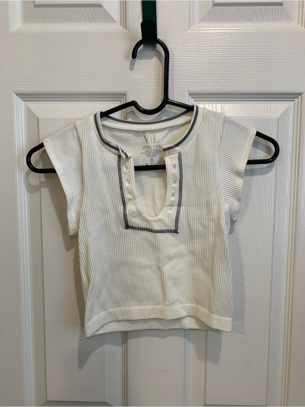 White Ribbed Cap Sleeve Top with Contrast Trim